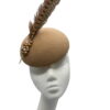 Tan felt headpiece with 2 large brown feathers with some coloured pearl detail to the base of feathers.
